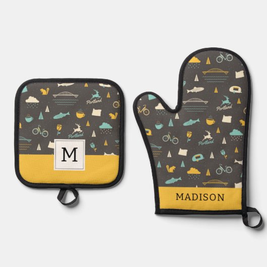 Portland, Oregon Pattern Ovenwant & Pannenlap Set (Voorkant)