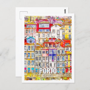 Porto Portugal Famous Travel Waterverf Sketch Briefkaart
