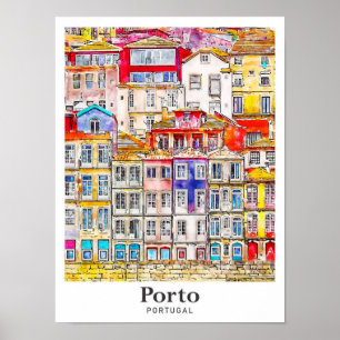 Porto Portugal Travel Waterverf Sketch met de hand Poster