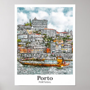 Porto Portugal Travel Waterverf Sketch met de hand Poster