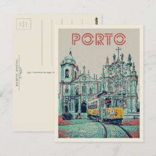 Porto tramway en kerkelijke illustratie Portugal Briefkaart