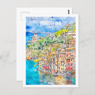 Portofino Italië Beroemde Reisplaats Waterverf Briefkaart