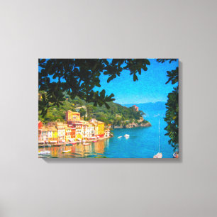 Portofino, Italië, olieverfschilderij Canvas Afdruk