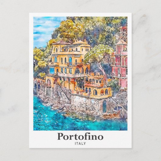 Portofino Italië Reizen Waterverf Hand getekend Briefkaart (Voorkant)