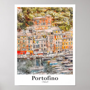 Portofino Italië Reizen Waterverf Hand getekend Poster