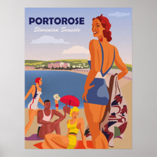 Portorose, meisjes op het strand, vintage reis poster