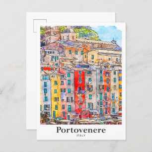 Portovenere Italië Reizen Waterverf Hand getekend Briefkaart
