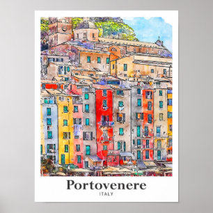 Portovenere Italië Reizen Waterverf Hand getekend Poster