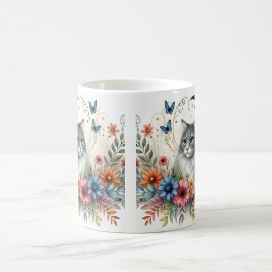 Portrait de chat assez gris avec Mug de fleurs (Centre)