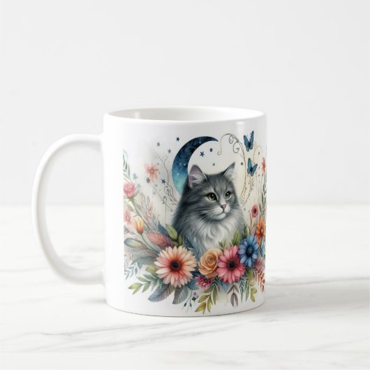 Portrait de chat assez gris avec Mug de fleurs (Gauche)