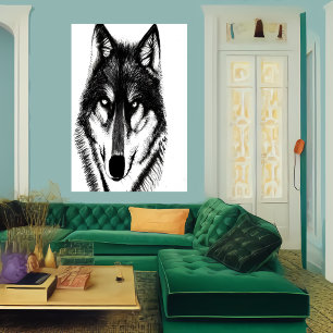 Portrait de loup noir et blanc AI Art Poster