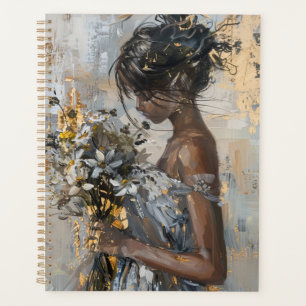 Portrait d'une dame aux fleurs or et blanc