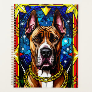 Portrait en verre coloré d'un chien avec chaîne en