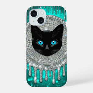 Portrait gothique émeraude Chat noir aux yeux bleu