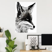 Portrait noir et blanc de renard | AI Art Poster (Bureau à domicile)