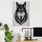 Portrait noir et blanc d'un loup | AI Art Poster (Bureau à domicile)