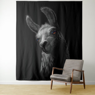 Portret Head Cute Llama met zwarte achtergrond Wandkleed