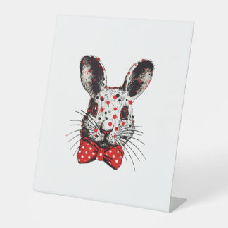 Portret Konijn Graffiti Knoop Rood Lint Reclamebord Met Voetstuk