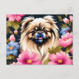 Portret Pekingese en bloemen Briefkaart