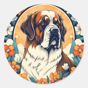 Portret Sint Bernard Hond met bloemen Ronde Sticker