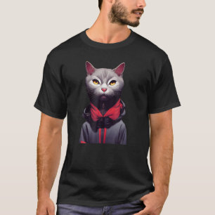 Portret van een grijze kat met jasje en roze neus t-shirt