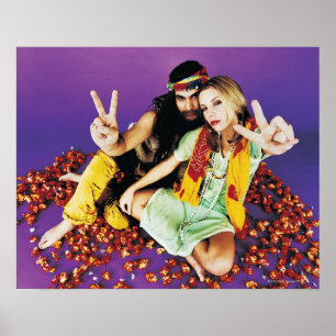 Portret van een Hippy Couple Sitting Cross-legged Poster