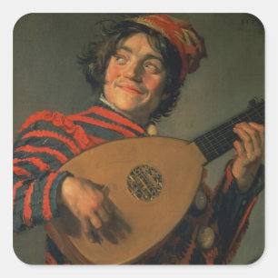 Portret van een jester met een Lute (olie op canva Vierkante Sticker