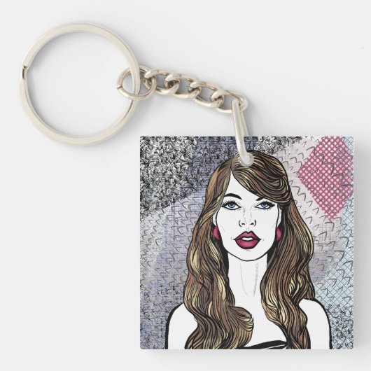 Portret van een meisje met lang bruin haar sleutelhanger (voorkant)