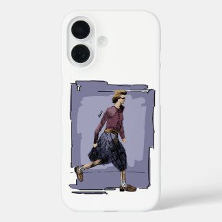 Portret van een Modieuze Vrouw die Halverwege Loop iPhone 16 Hoesje