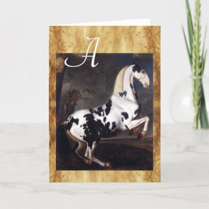 Portret van een Piebald Horse perkament monogram Notitiekaartje
