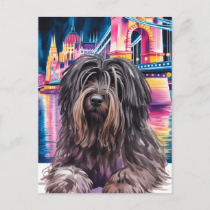 Portret van een ruige hond in neon stadsgezicht va briefkaart