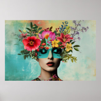 Portret van een vrouw met bloemen in vintage stijl poster