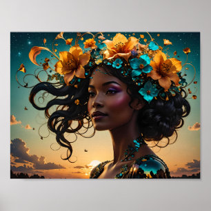 Portret van een vrouw met bloemen poster