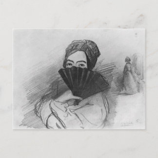 Portret van George Sand achter haar fan Briefkaart