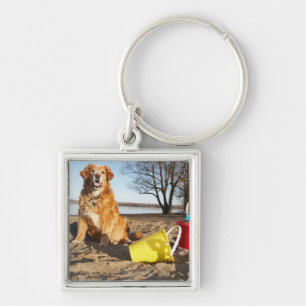 Portret van honden op het strand met zandspeelgoed sleutelhanger