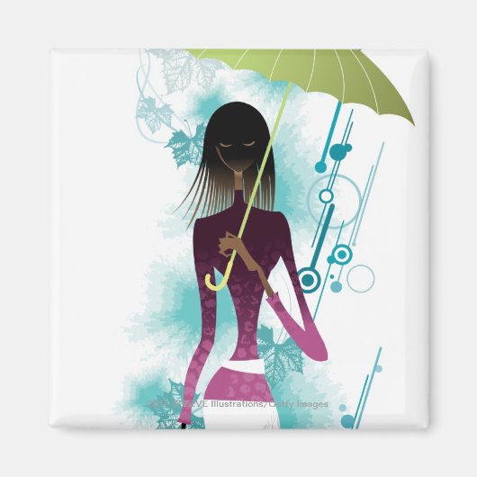 Portret van jonge vrouw met handtas en paraplu magneet (Voorkant)