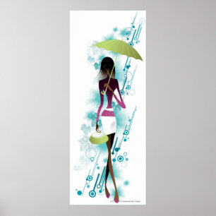Portret van jonge vrouw met handtas en paraplu poster