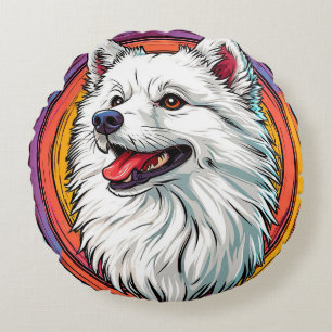 Portret van witte pluizige hond 🐾 Artistieke stij Rond Kussen