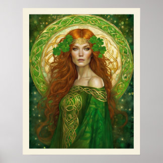 Portret Vrouw Shamrock Groen Goud Keltische Knoop Poster