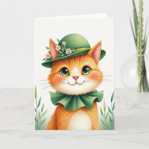 Portretkaart van kat met oranje vacht en bolhoed kaart