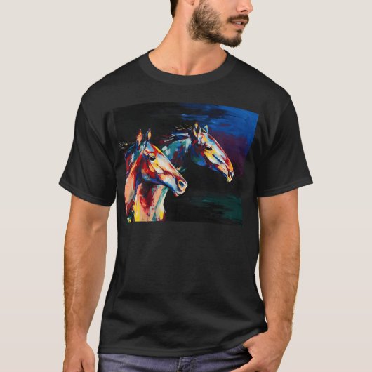 Portretschilderij van paarden in meerkleurige tone t-shirt (Voorkant)