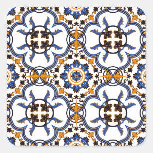  Portugees Azulejo Blue Yellow Pattern Vierkante Sticker