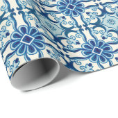Portugees Azulejos Blue Floral Pattern Cadeaupapier (Rol Hoek)