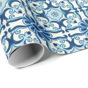 Portugees Azulejos Blue Floral Tile Pattern  Cadeaupapier