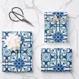 Portugees Azulejos Blue Floral Tile Pattern Inpakpapier Vel