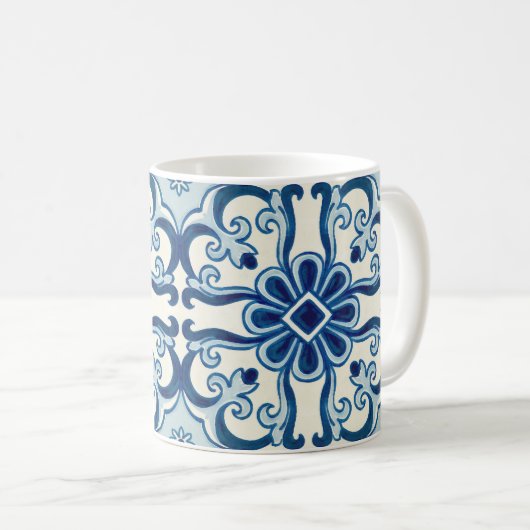 Portugees Azulejos Blue Floral Tile Pattern Koffiemok (Voorkant rechts)