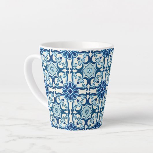 Portugees Azulejos Blue Floral Tile Pattern Latte Mok (Linkerhoek)
