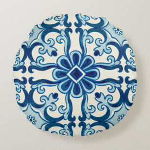 Portugees Azulejos Blue Floral Tile Pattern Rond Kussen
