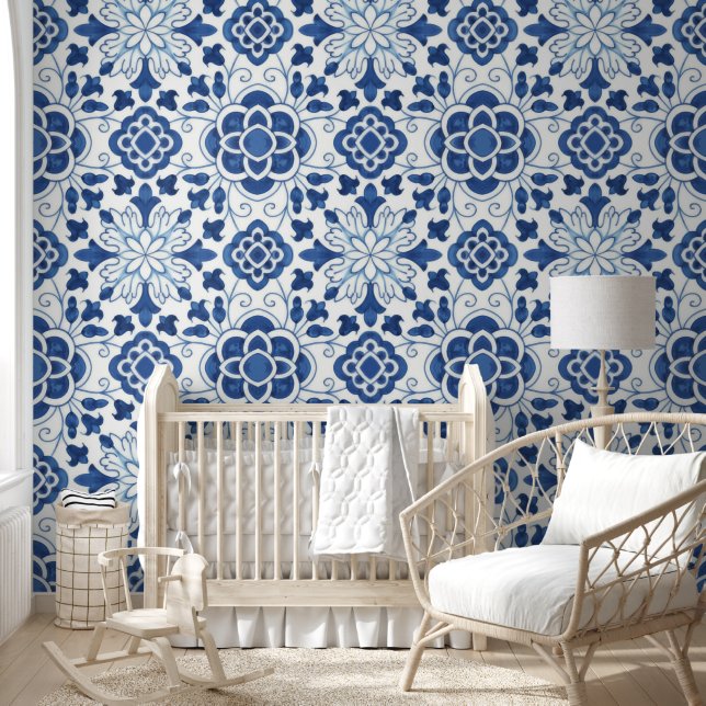  Portugees blauw Azulejos Tile Pattern Behang (Kinderen)