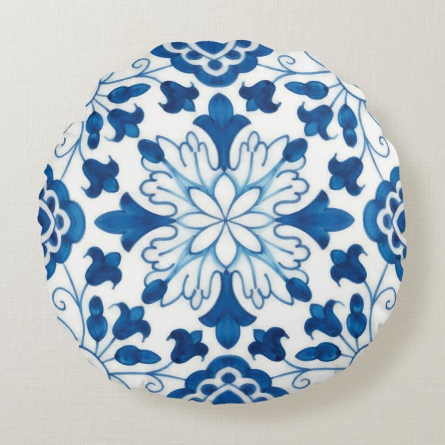 Portugees blauw Azulejos Tile Pattern Rond Kussen (Voorkant)